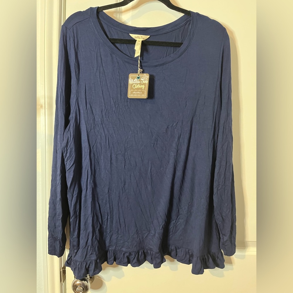 Matilda Jane NWT Top Womens XXL Navy Blue Long Sleeve Ruffle Hem Stretch Casual
